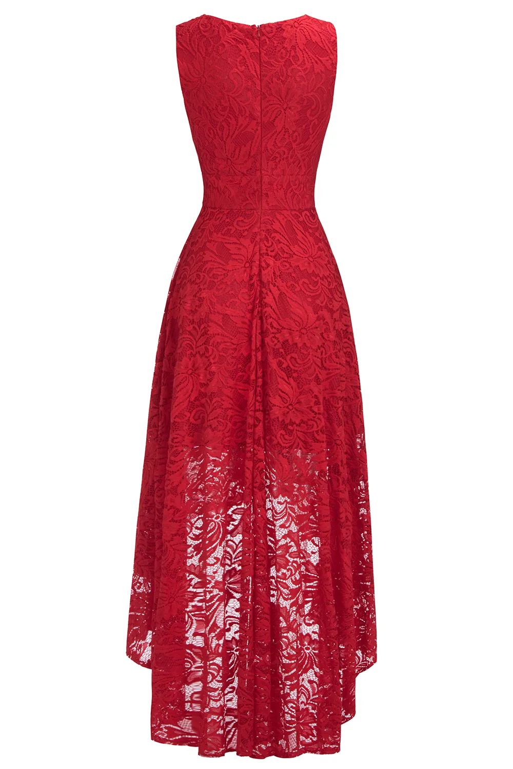 A-line V-neck Sleeveless Hi-Lo Lace Bridesmaid Dress With Ribbons 5