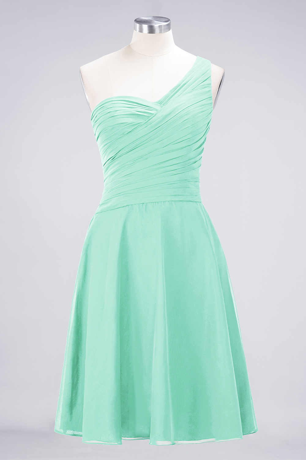 A-line One Shoulder Sweetheart Neck Sleeveless Knee-length 100D Chiffon Bridesmaid Attire With Ruffles 69