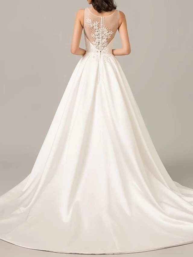 A-line V-neck Sleeveless Tulle Bridal Gown With Sweep / Brush Train 2