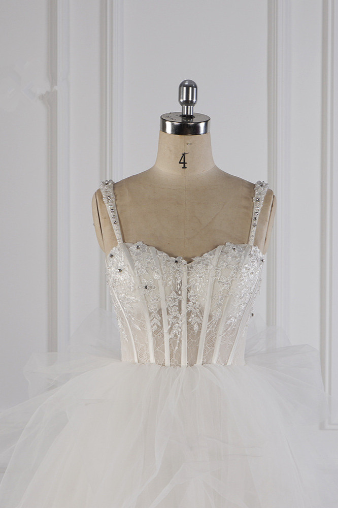 A-line Straps Sweetheart Neck Sleeveless Floor-length Tulle Wedding Dress With Appliques 4