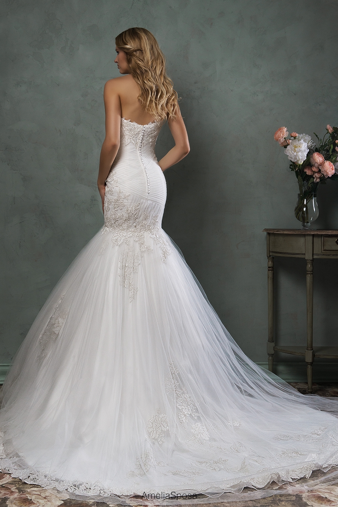 Mermaid Sweetheart Neck Sleeveless Court Train Tulle Bridal Gown With Lace 2
