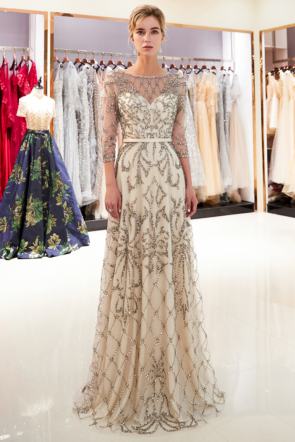A-line Scoop Neck 3/4-Length Sleeves Sweep / Brush Train Tulle Evening Dress With Crystal 12