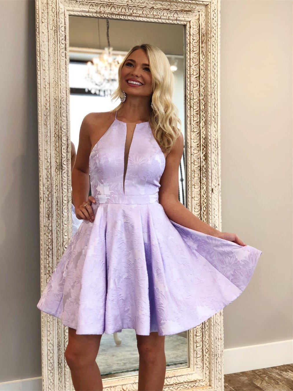 A-line Plunging Neckline Sleeveless Mini Satin Homecoming Dress With Appliques 3
