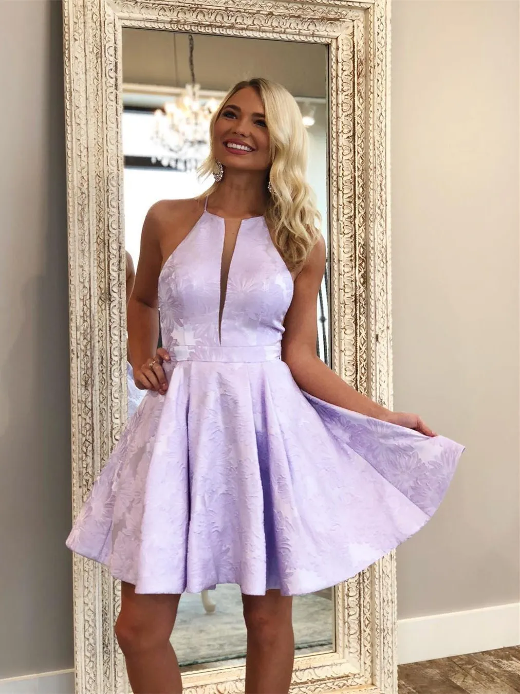 A-line Plunging Neckline Sleeveless Mini Satin Homecoming Dress With Appliques 3