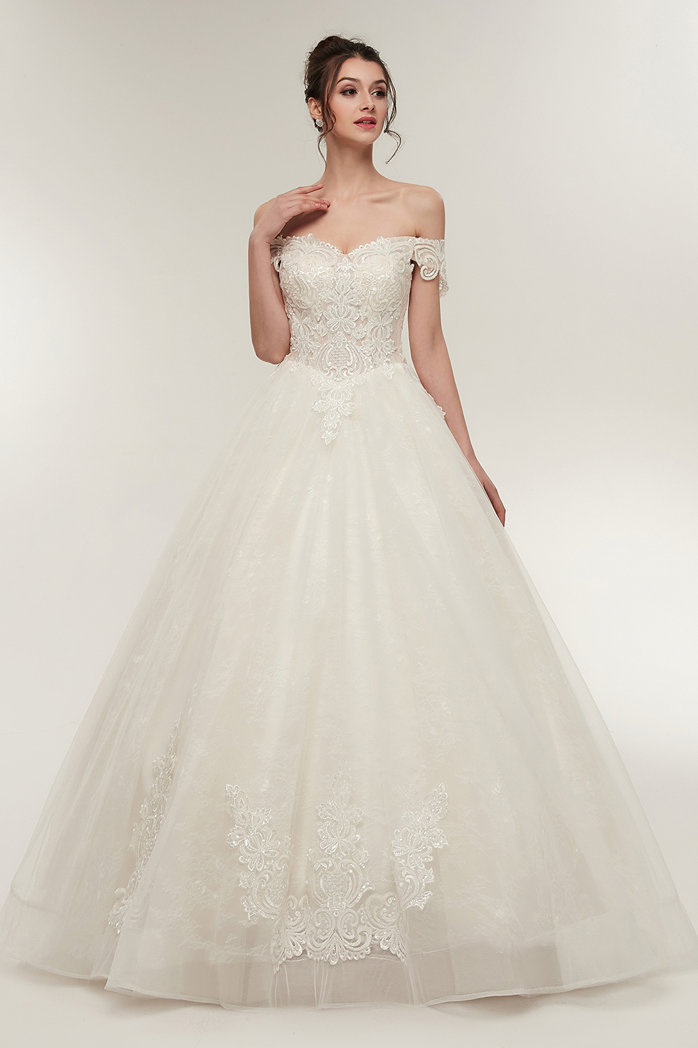 Off-the-shoulder Cap Sleeves Floor-length Lace Wedding Dress With Lace 7
