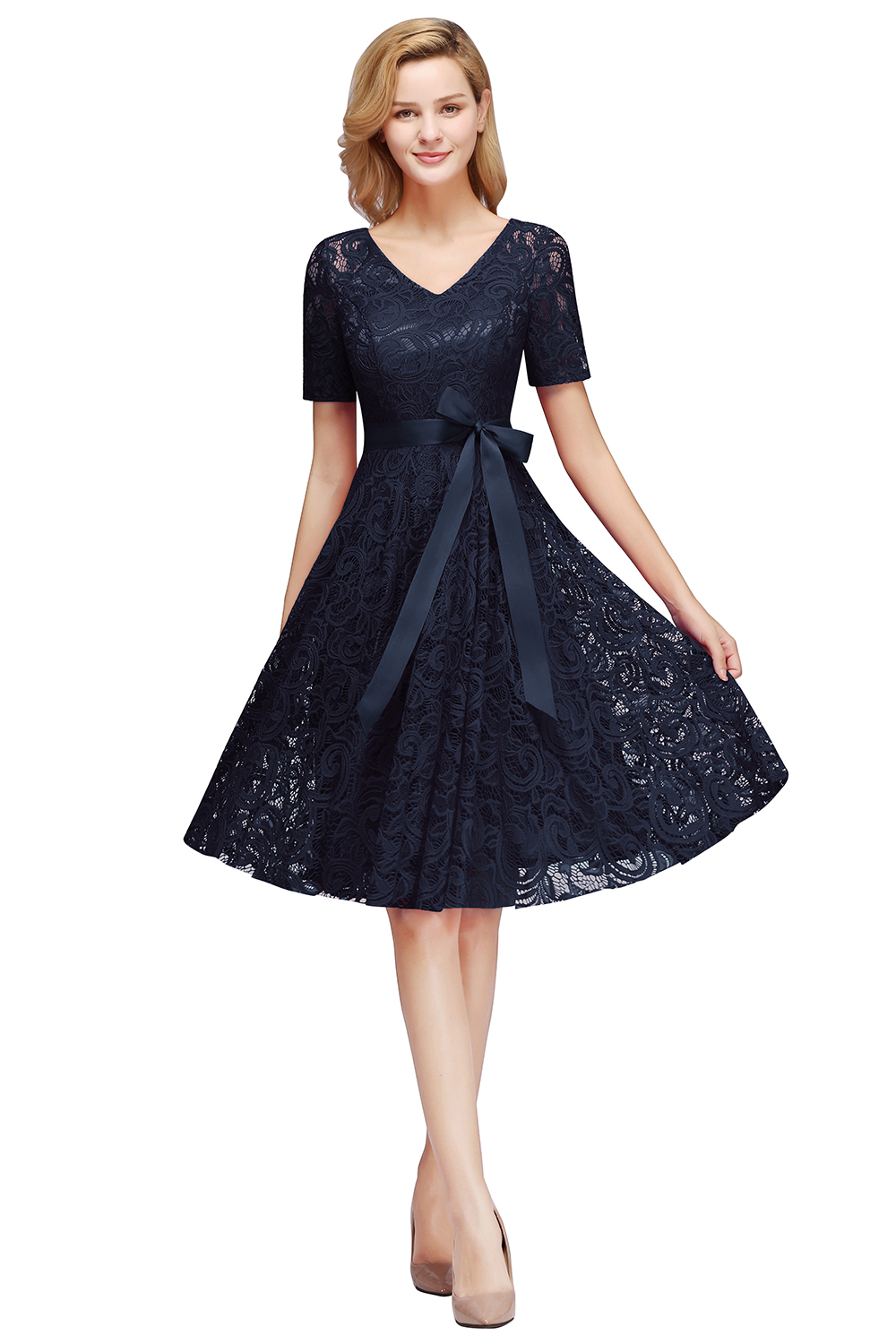 A-line V-neck Short Sleeves Knee-length Lace Bridesmaid Dress With Ribbons 12