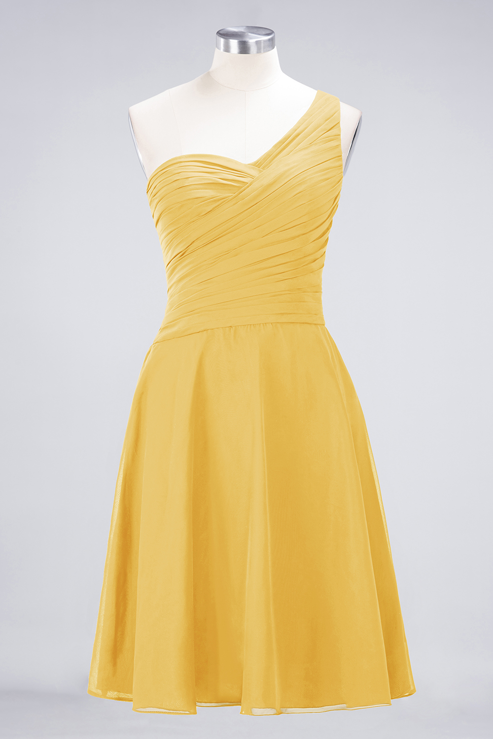 A-line One Shoulder Sweetheart Neck Sleeveless Knee-length 100D Chiffon Bridesmaid Attire With Ruffles 33