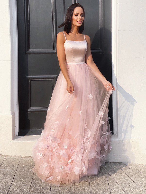 A-line Straps Sleeveless Floor-length Organza Evening Dress With Appliques 6