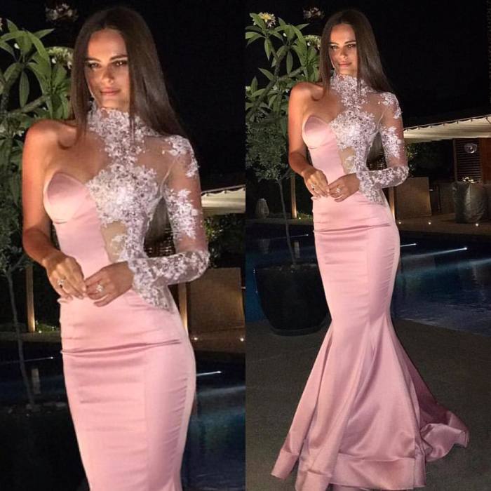 Column High Neck Sweep / Brush Train Stretch Satin Evening Dress With Appliques 2