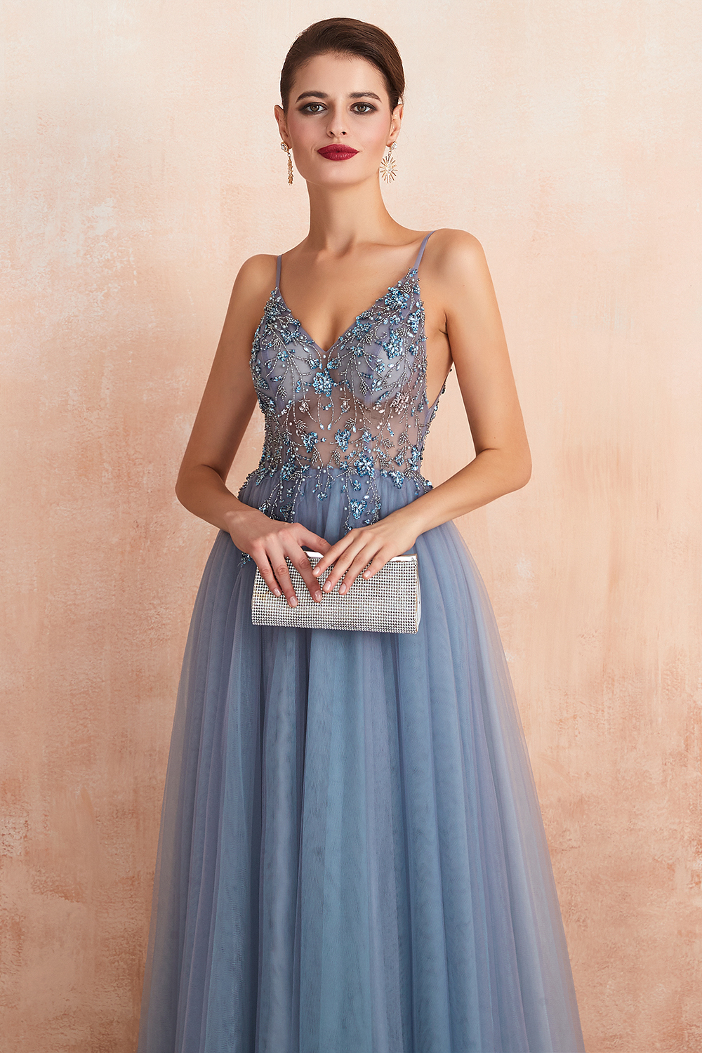 A-line V-neck Sleeveless Sweep / Brush Train Tulle Evening Dress With Sequins 5