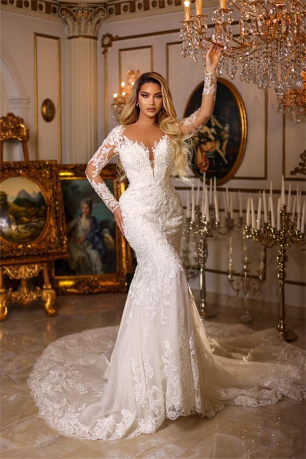 Mermaid Sweetheart Neck Long Sleeves Chapel Train Lace Wedding Dress With Ruffles 1