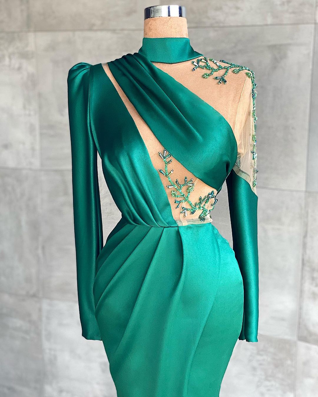 A-line High Neck Long Sleeves Floor-length Satin Formal Dress With Pearls 2