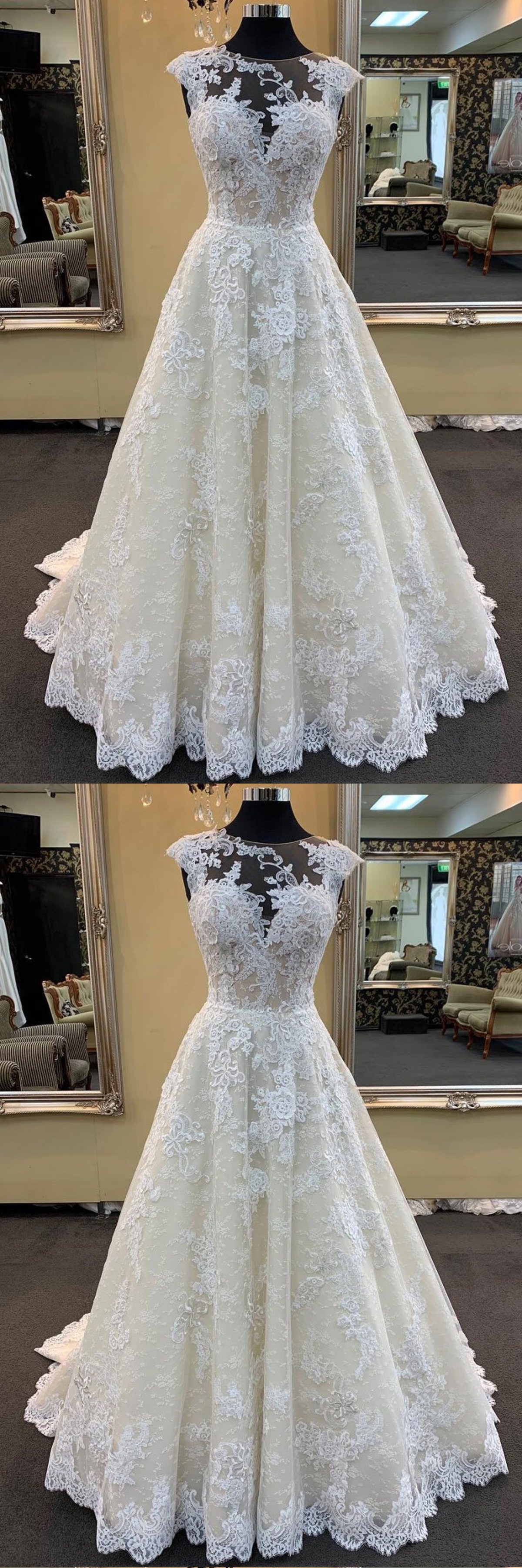 A-line Jewel Neck Cap Sleeves Floor-length Tulle Bridal Dress With Lace 2