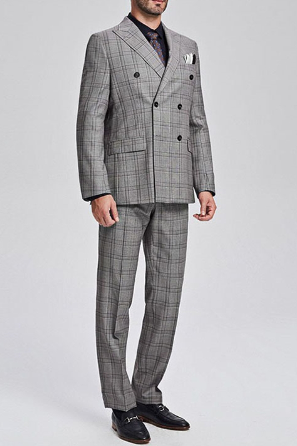 Grey Double Breasted Wool Blend Men's Business Suit with Peak Lapel and Checked Pattern 2