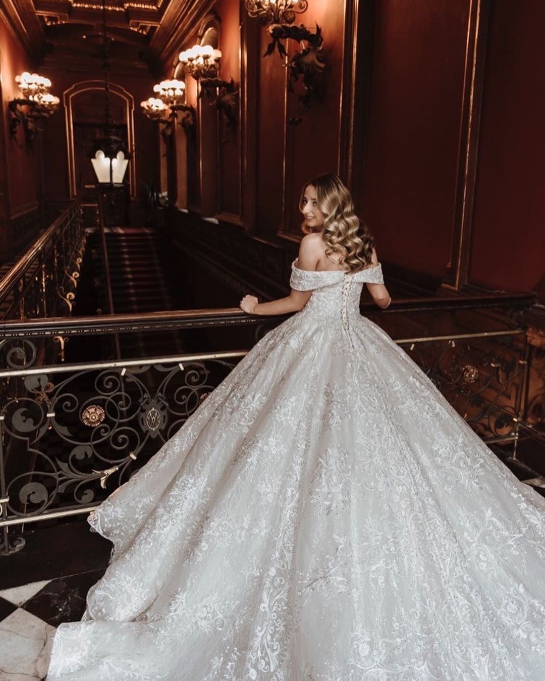 Off-the-shoulder Long Sleeves Court Train Tulle Wedding Gown With Ruffles 5