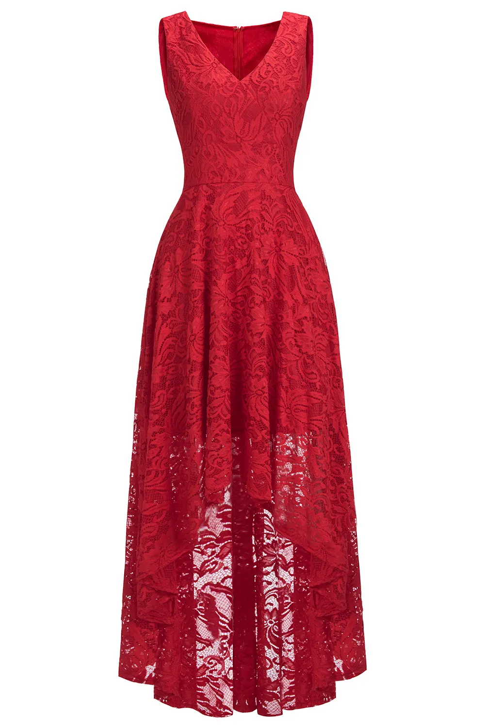 A-line V-neck Sleeveless Hi-Lo Lace Bridesmaid Dress With Ribbons 9