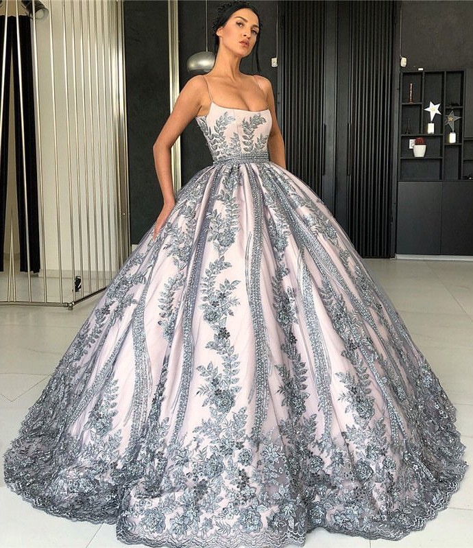 Ball Gown Spaghetti Straps Sleeveless Sweep / Brush Train Tulle Evening Dress With Lace 3