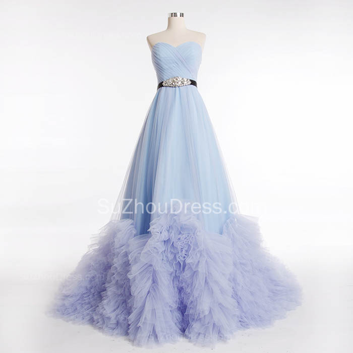 A-line Sweetheart Neck Sleeveless Sweep / Brush Train Organza Wedding Gown With Ruffles 2