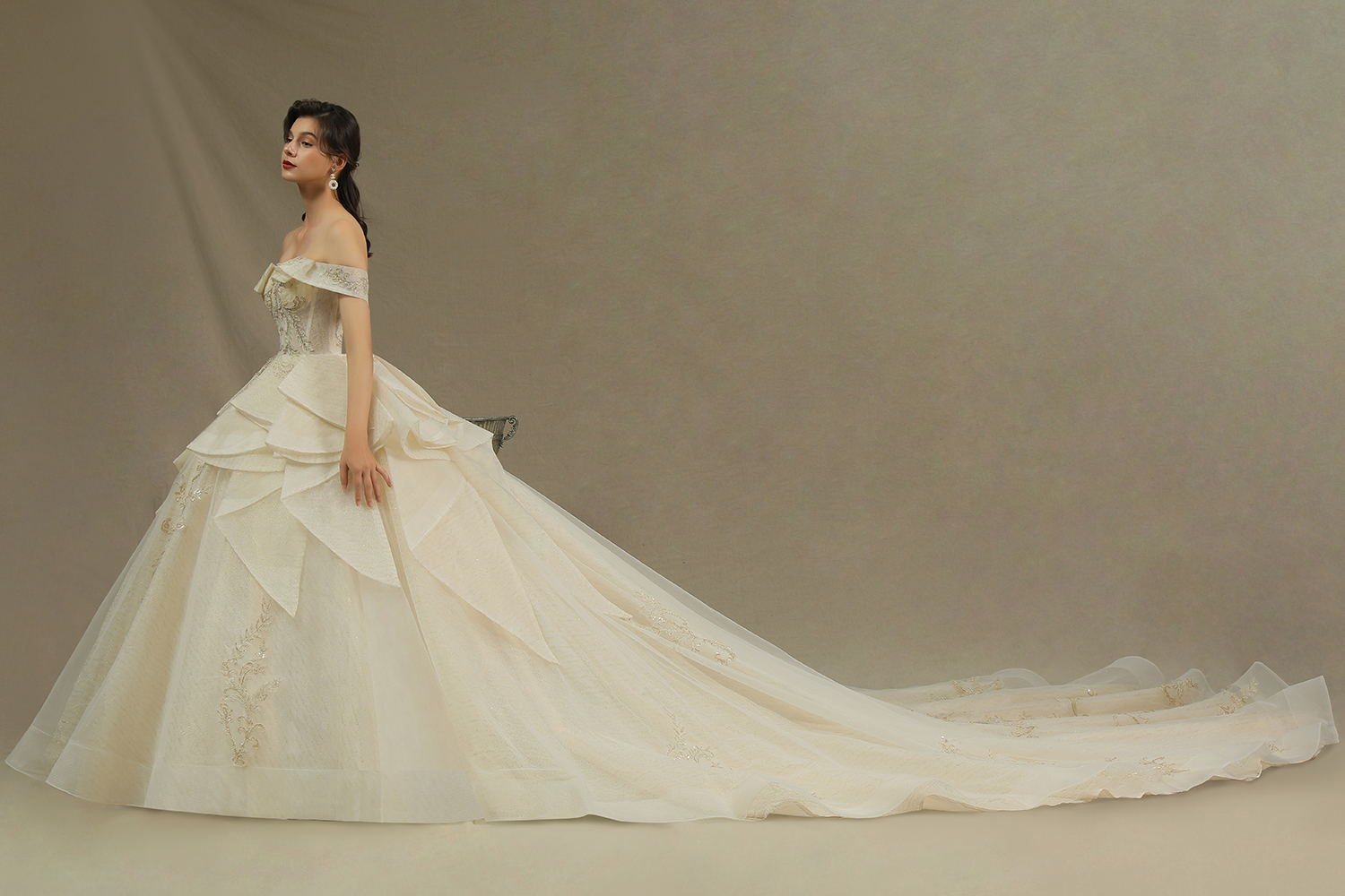 A-line Strapless Cap Sleeves Cathedral Train Tulle Bridal Gown With Beading 4