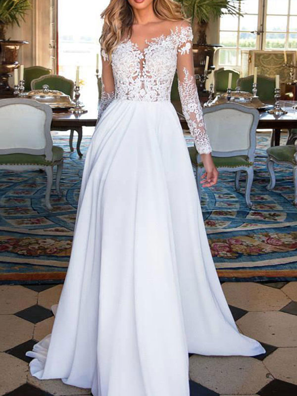 A-line V-neck Long Sleeves Court Train 100D Chiffon Wedding Gown With Lace 1