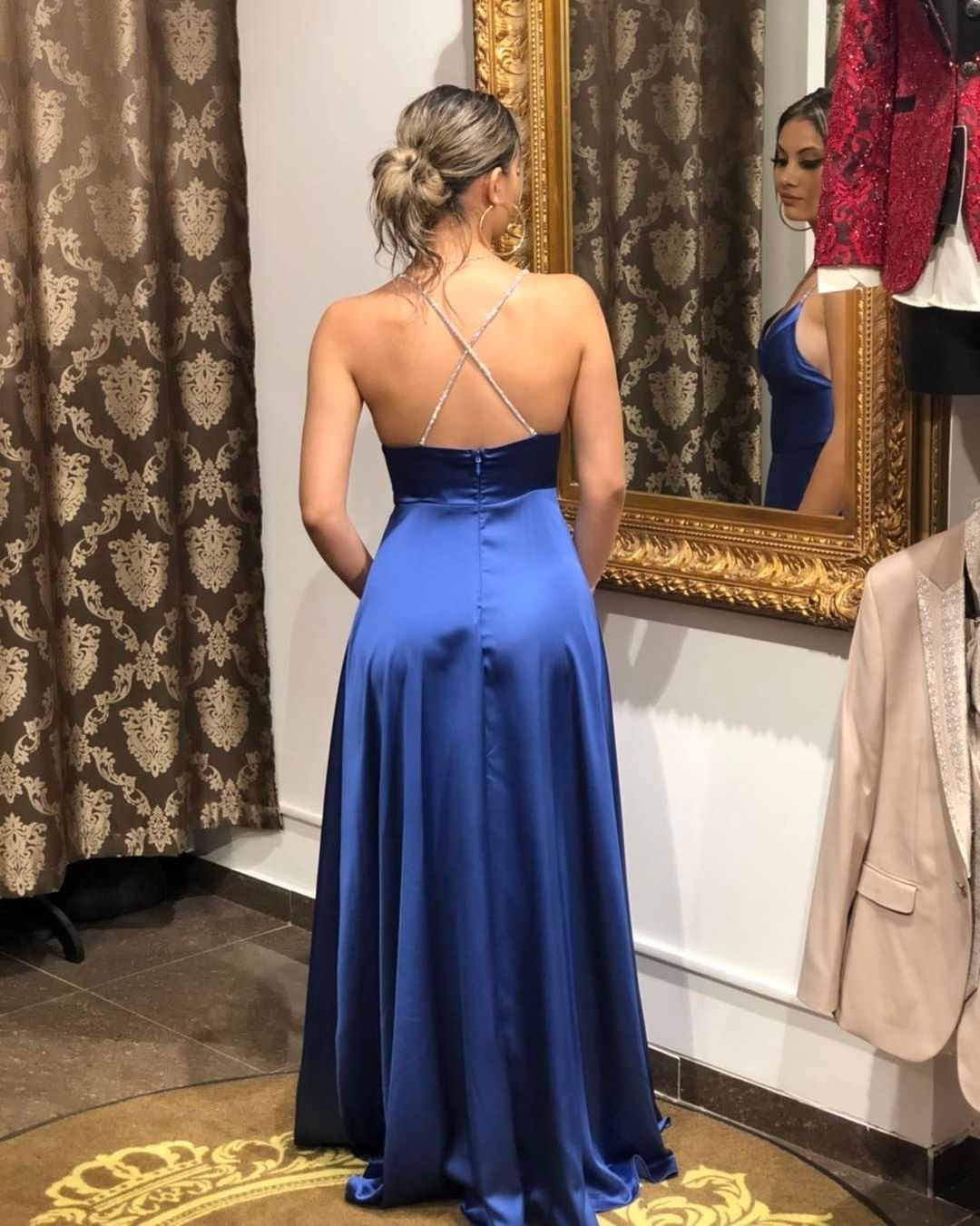 Column Spaghetti Straps Sleeveless Floor-length Stretch Satin Evening Dress With Ruffles 3