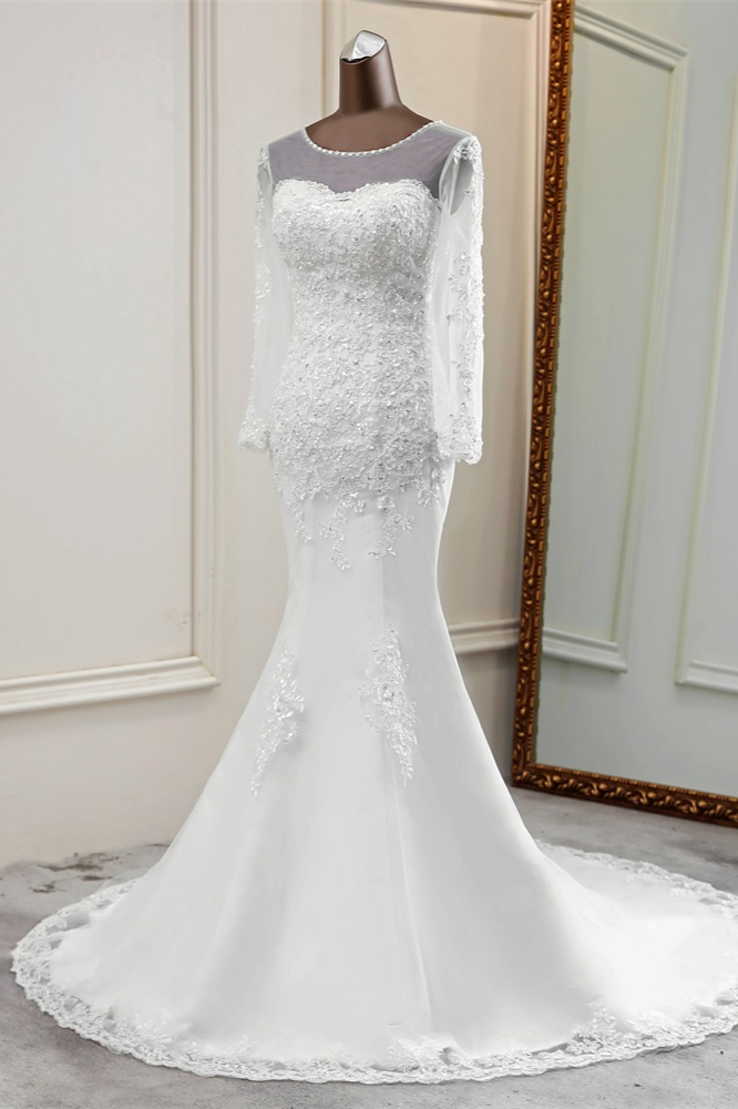 Mermaid Jewel Neck Long Sleeves Floor-length Tulle Bridal Dress With Lace 3