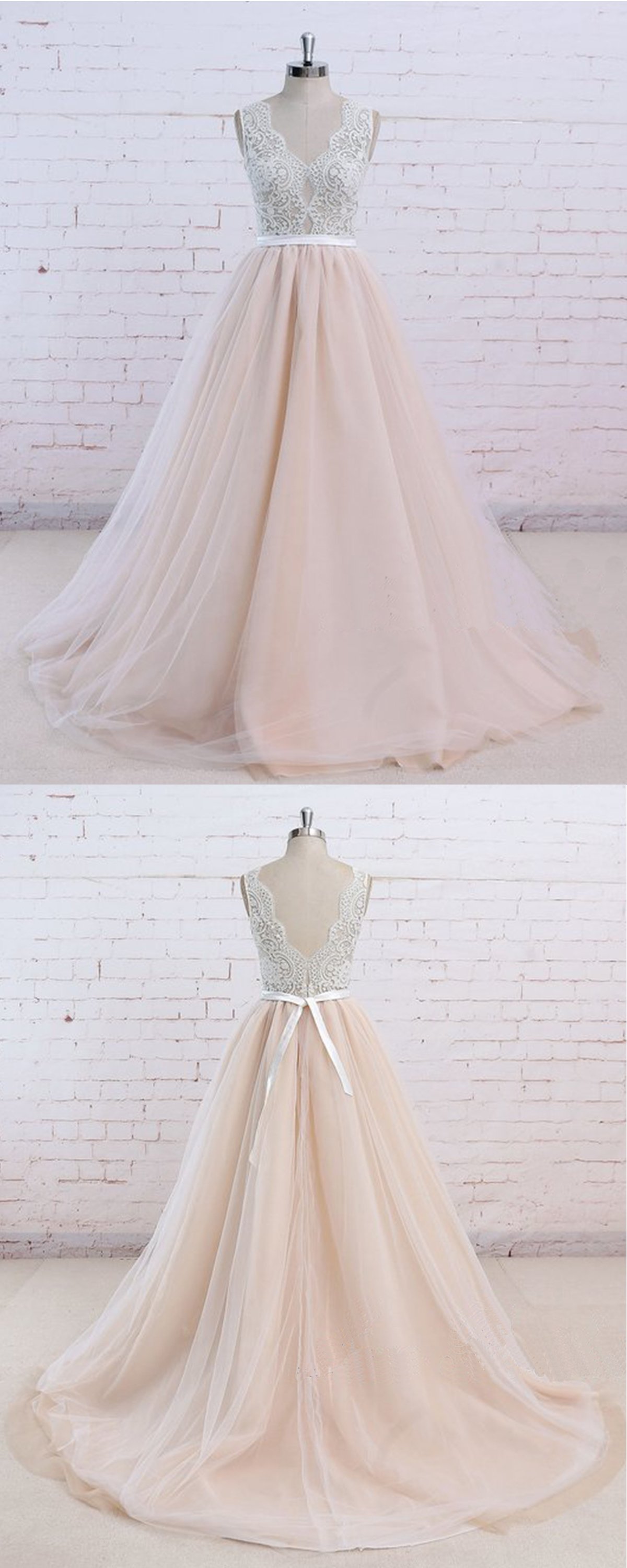 A-line V-neck Sleeveless Floor-length Tulle Wedding Dress With Lace 3