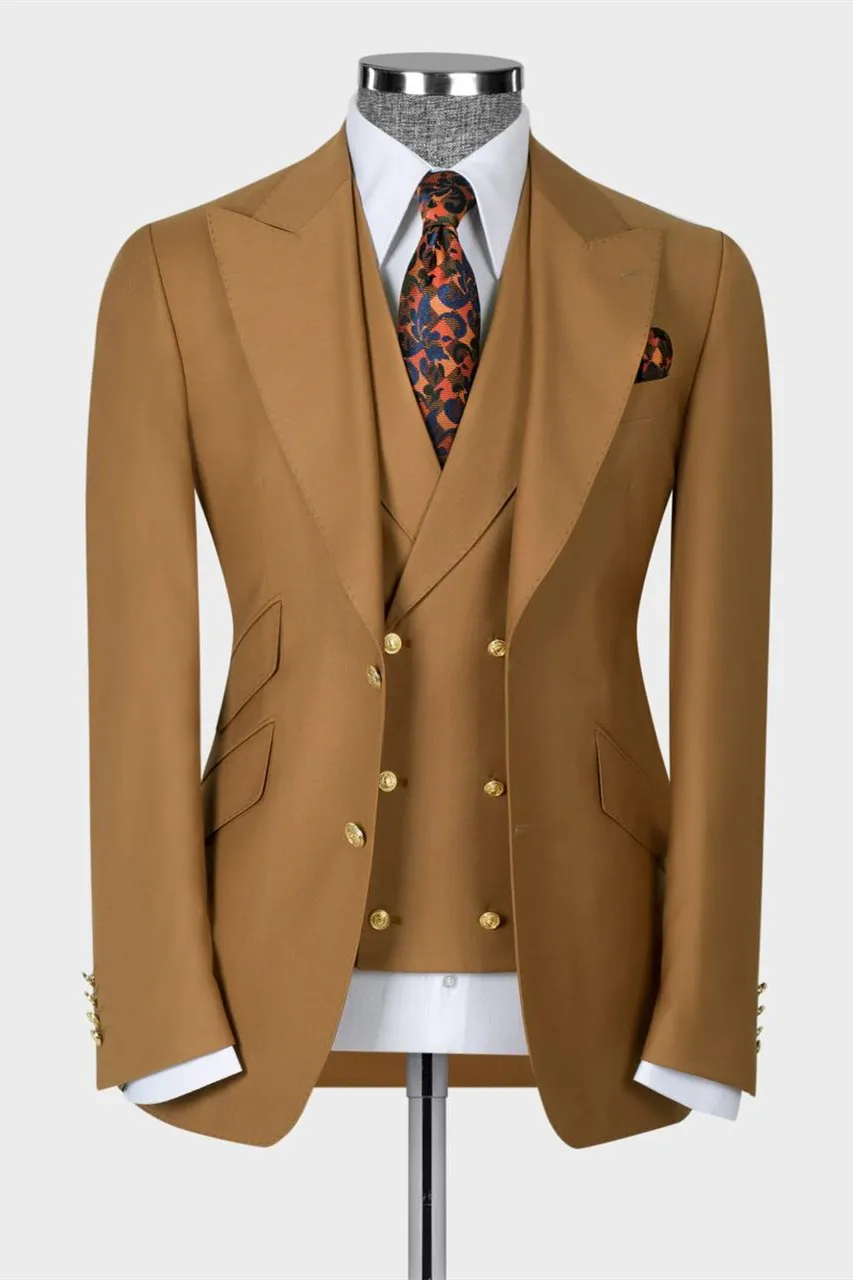 Brown Three Pieces Peaked Lapel Business Men Suit 1