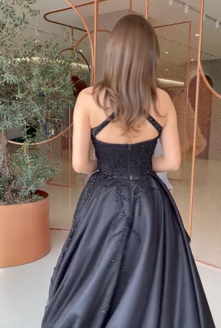 A-line Halter-neck Sleeveless Floor-length Satin Evening Gown With Beading 4