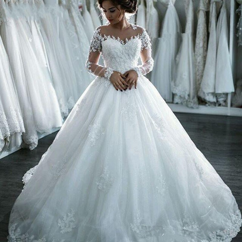 Ball Gown Jewel Neck Long Sleeves Court Train Wedding Dress With Beading 2