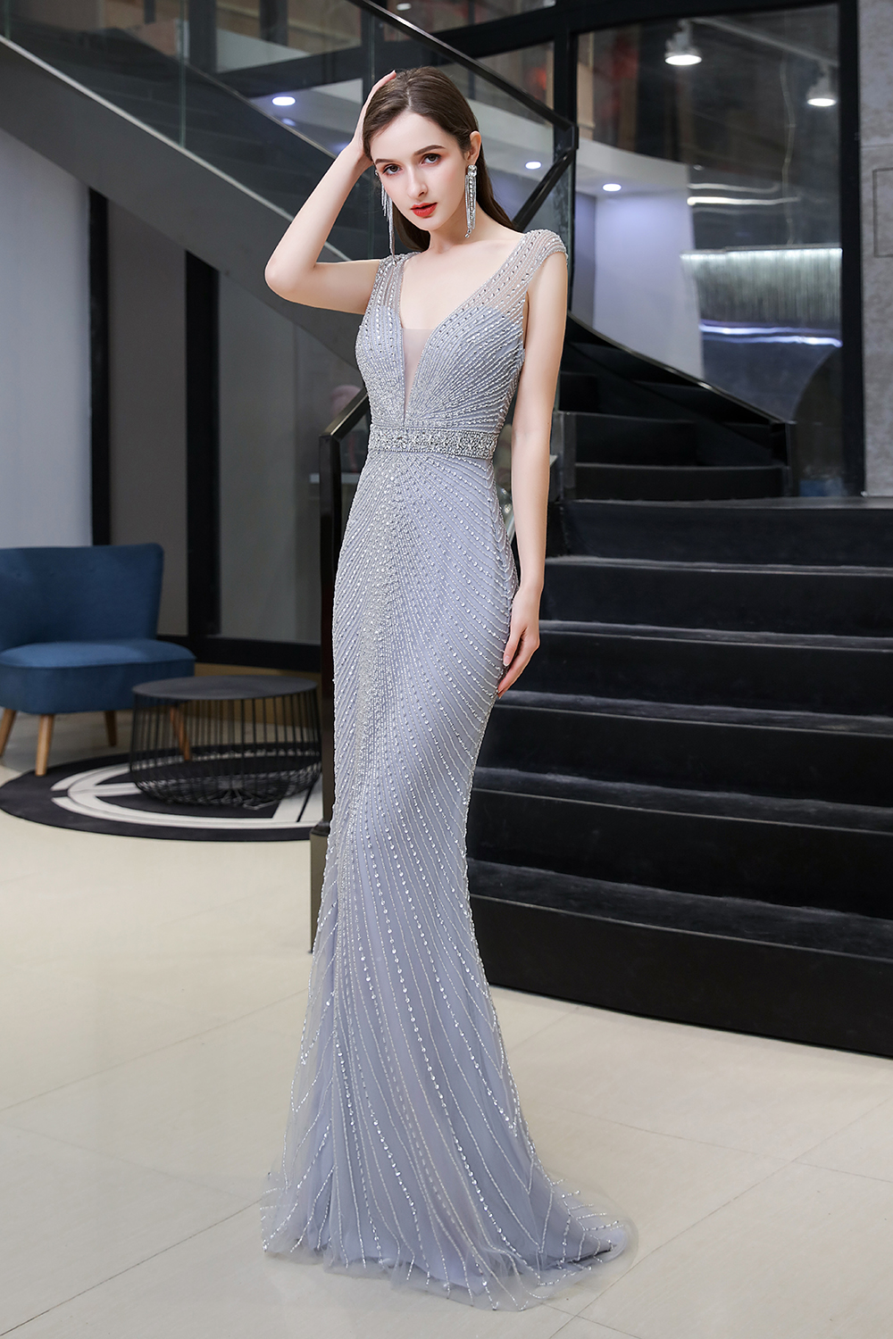 Mermaid V-neck Sleeveless Court Train Tulle Formal Dress With Rhinestone 5