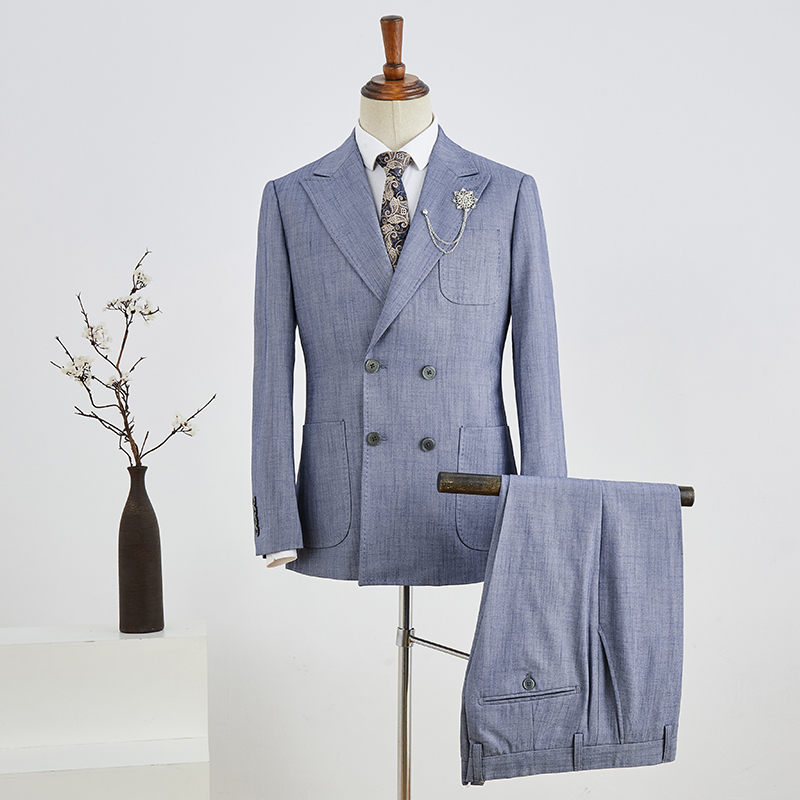 Blue Plaid Peaked Lapel Double Breasted Custom Business Suit 2