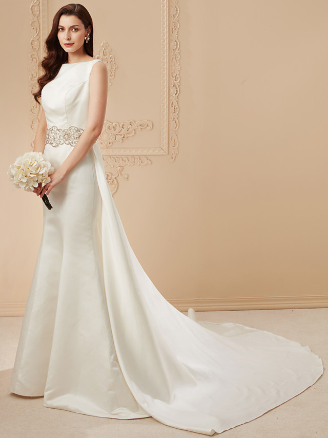 Mermaid Straps Bateau Neck Cathedral Train Tulle Wedding Gown With Beading 13