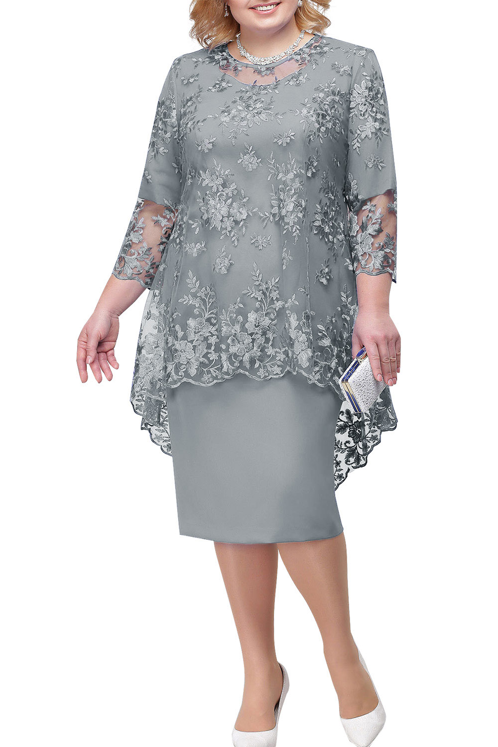 Tulle Lace 3/4 Sleeves Knee Length Mother of Bride Dress | Mother Wedding Party Dress 6