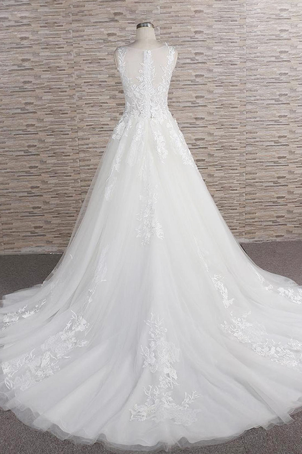A-line Jewel Neck Sleeveless Court Train Tulle Bridal Gown With Appliques 2