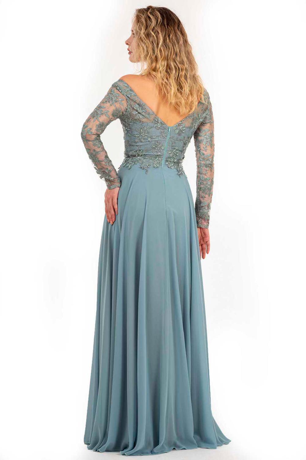 A-line Off-the-shoulder Long Sleeves Floor-length 100D Chiffon Evening Dress With Lace 2