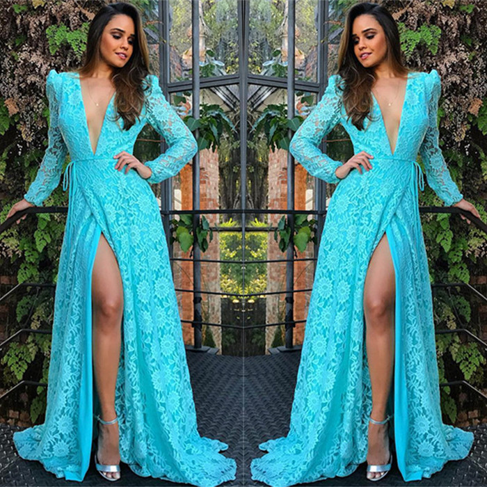 A-line Plunging Neckline Floor-length Evening Dress With Lace 2