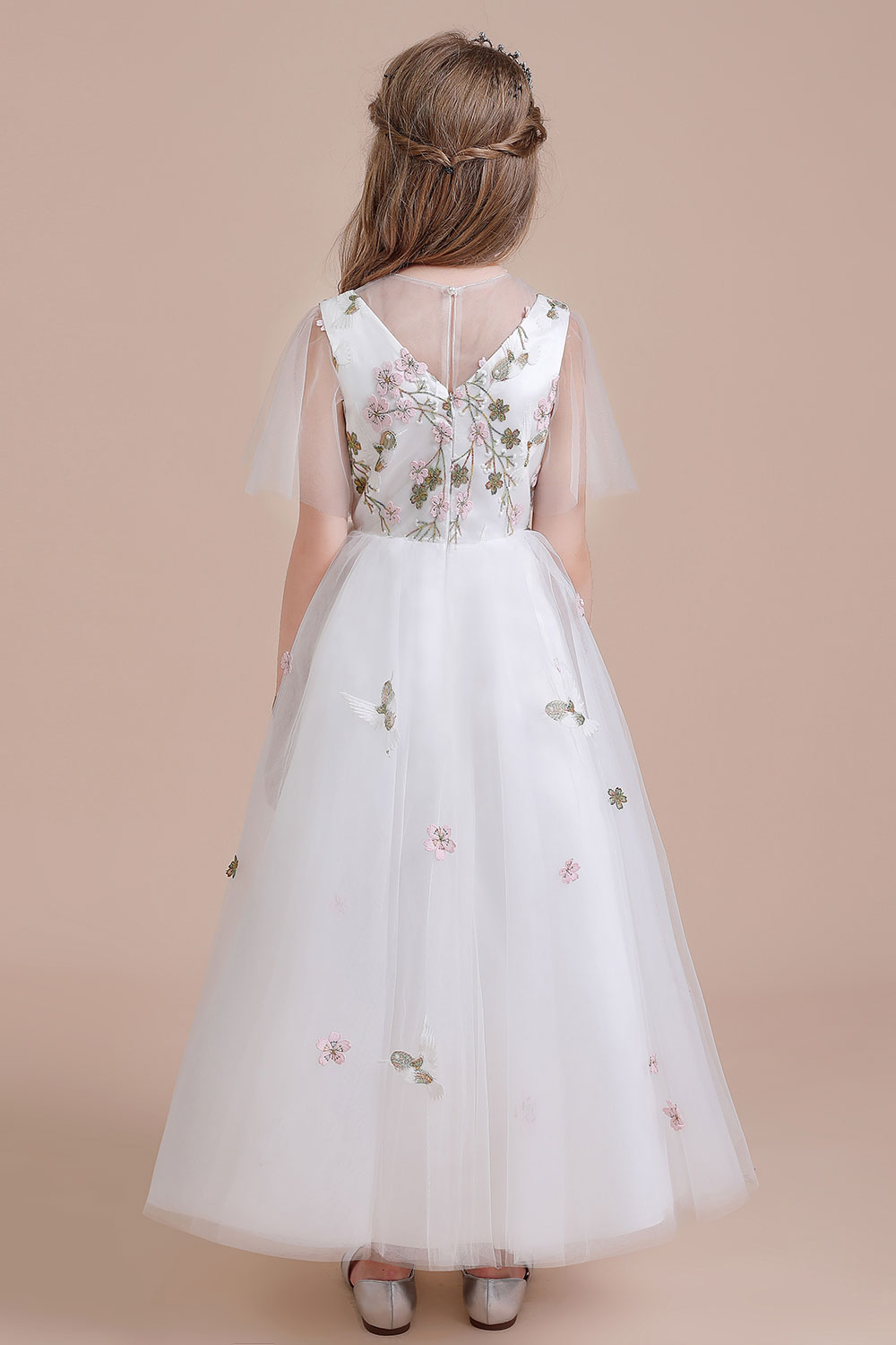 A-line V-neck Jewel Neck Short Sleeves Ankle-length Tulle Flower Girl Dress With Embroidery 2