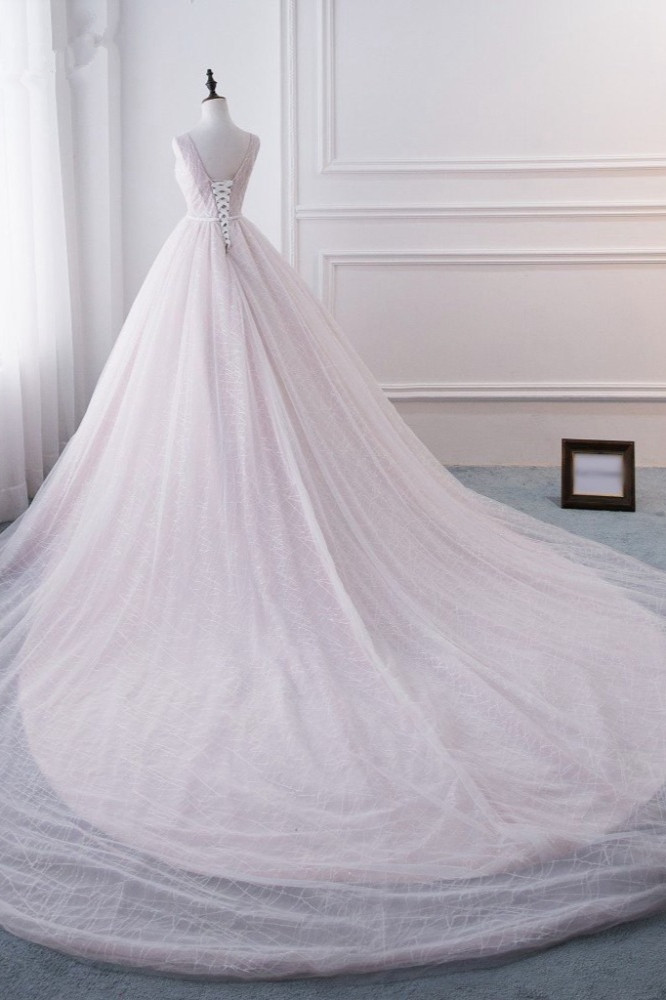 A-line V-neck Sleeveless Floor-length Tulle Bridal Dress With Beading 4