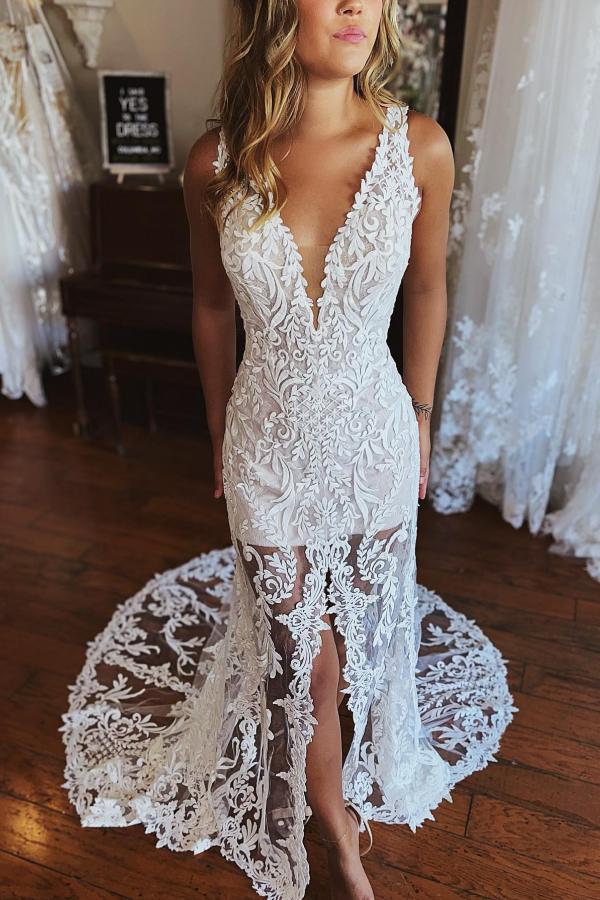 Plunging V-Neck Embroidered Lace Mermaid Wedding Dress with Front Slit 3