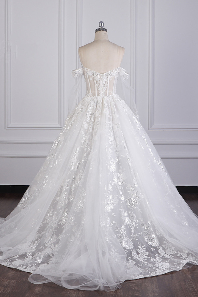Ball Gown Off-the-shoulder Sweetheart Neck Sleeveless Floor-length Tulle Wedding Gown With Sequins 3