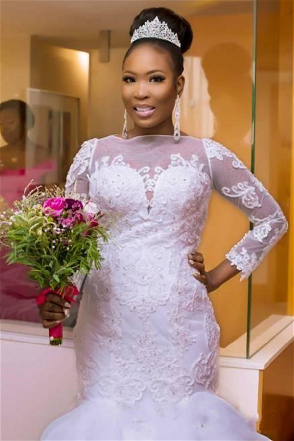 Mermaid Long Sleeves Court Train Lace Bridal Attire With Appliques 3