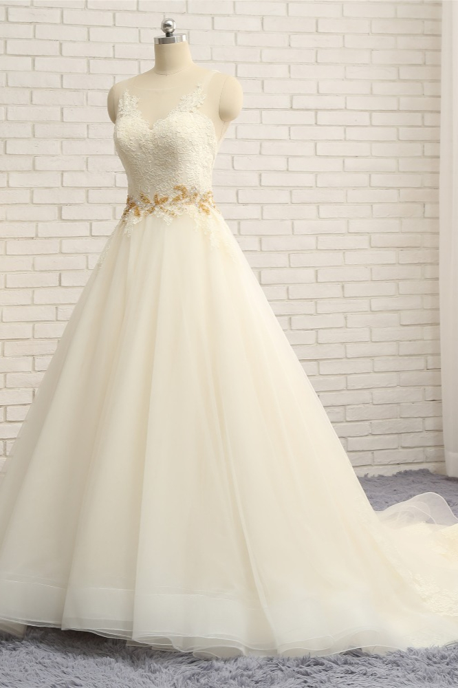 A-line Straps Court Train Tulle Wedding Gown With Lace 3