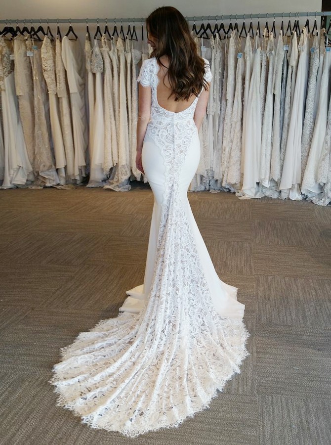 White V-Neck Lace Appliques Mermaid Bridal Gown with Backless Cap Sleeves 2