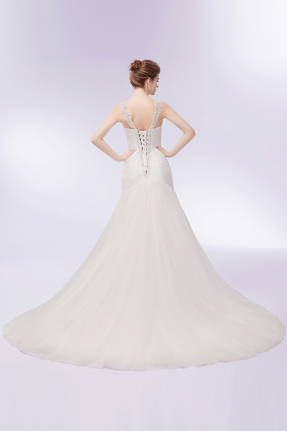 Mermaid V-neck Sleeveless Court Train Tulle Bridal Gown With Crystal 10