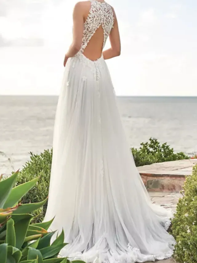 A-line Sleeveless Sweep / Brush Train Lace Bridal Dress With Lace 2