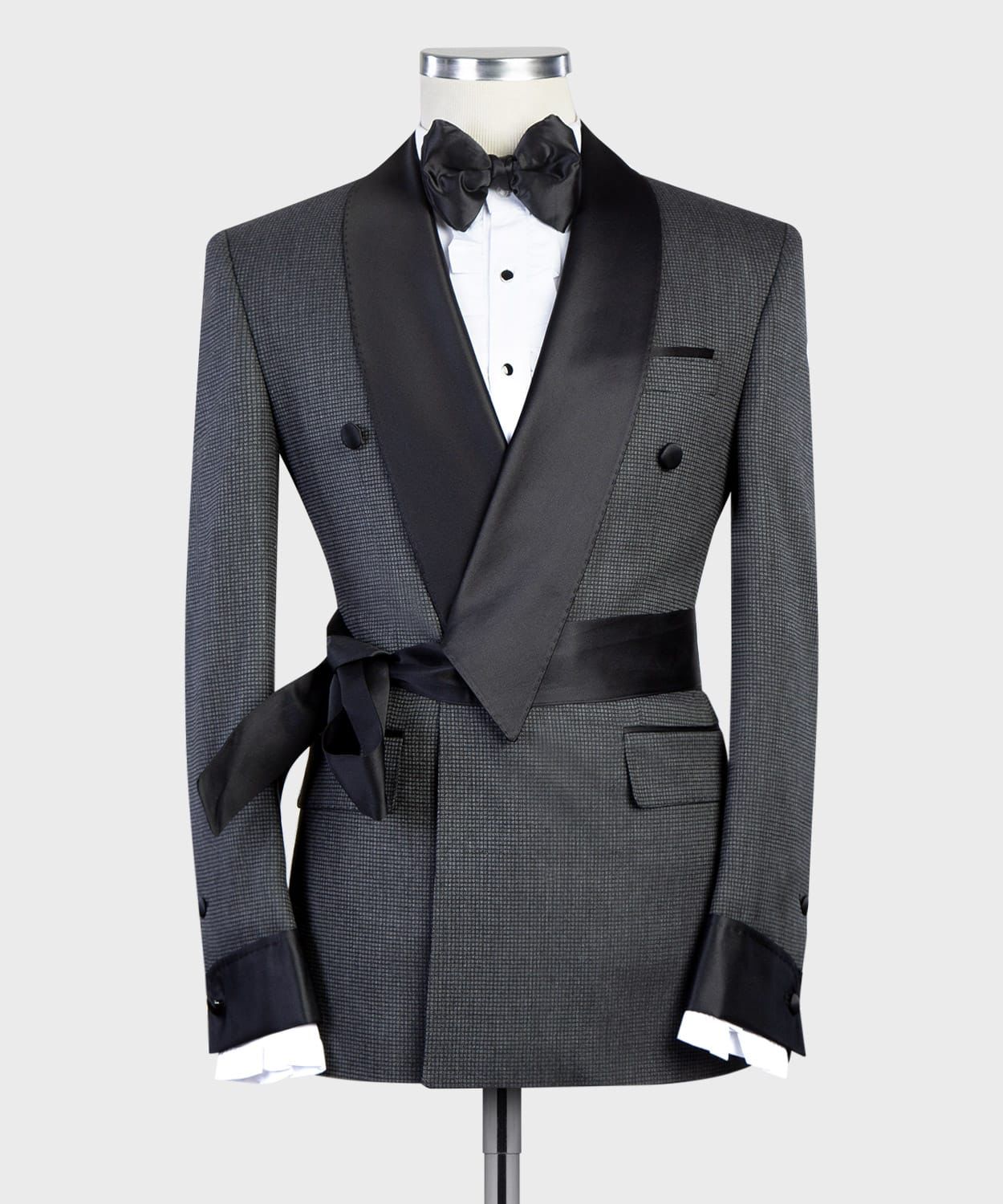 Grey Double Breasted Two Pieces Men Suit with Black Shawl Lapel 3