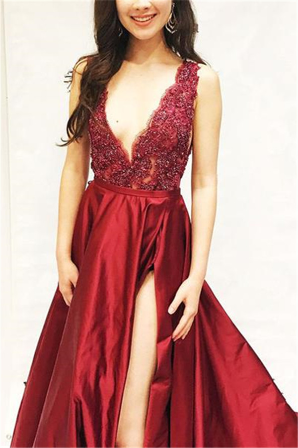 A-line V-neck Sleeveless Sweep / Brush Train Prom Dress With Split Front 2