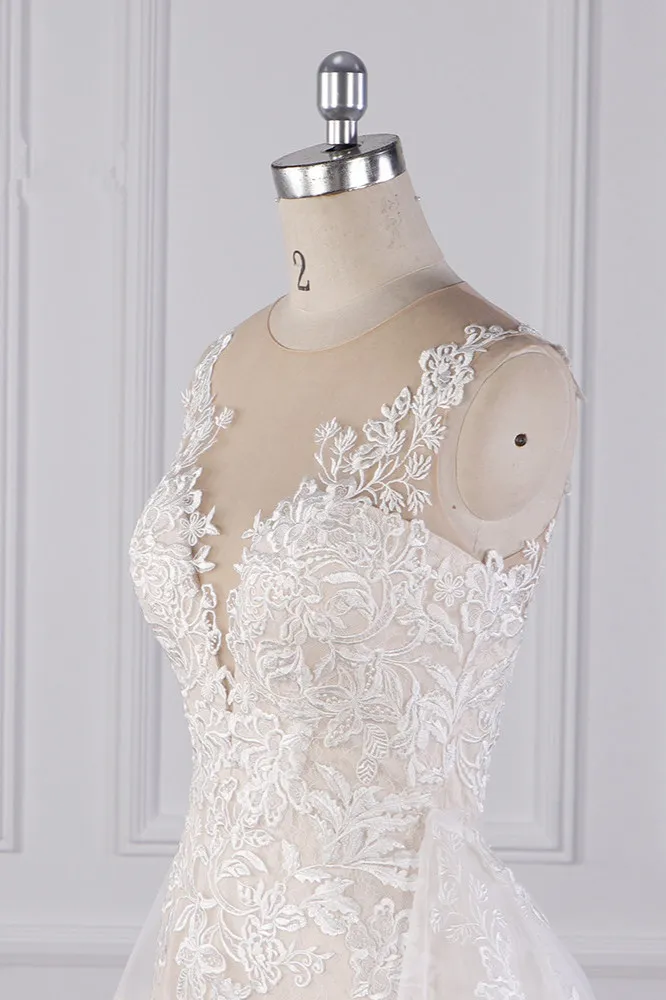 Mermaid Jewel Neck Sleeveless Floor-length Tulle Wedding Dress With Appliques 5