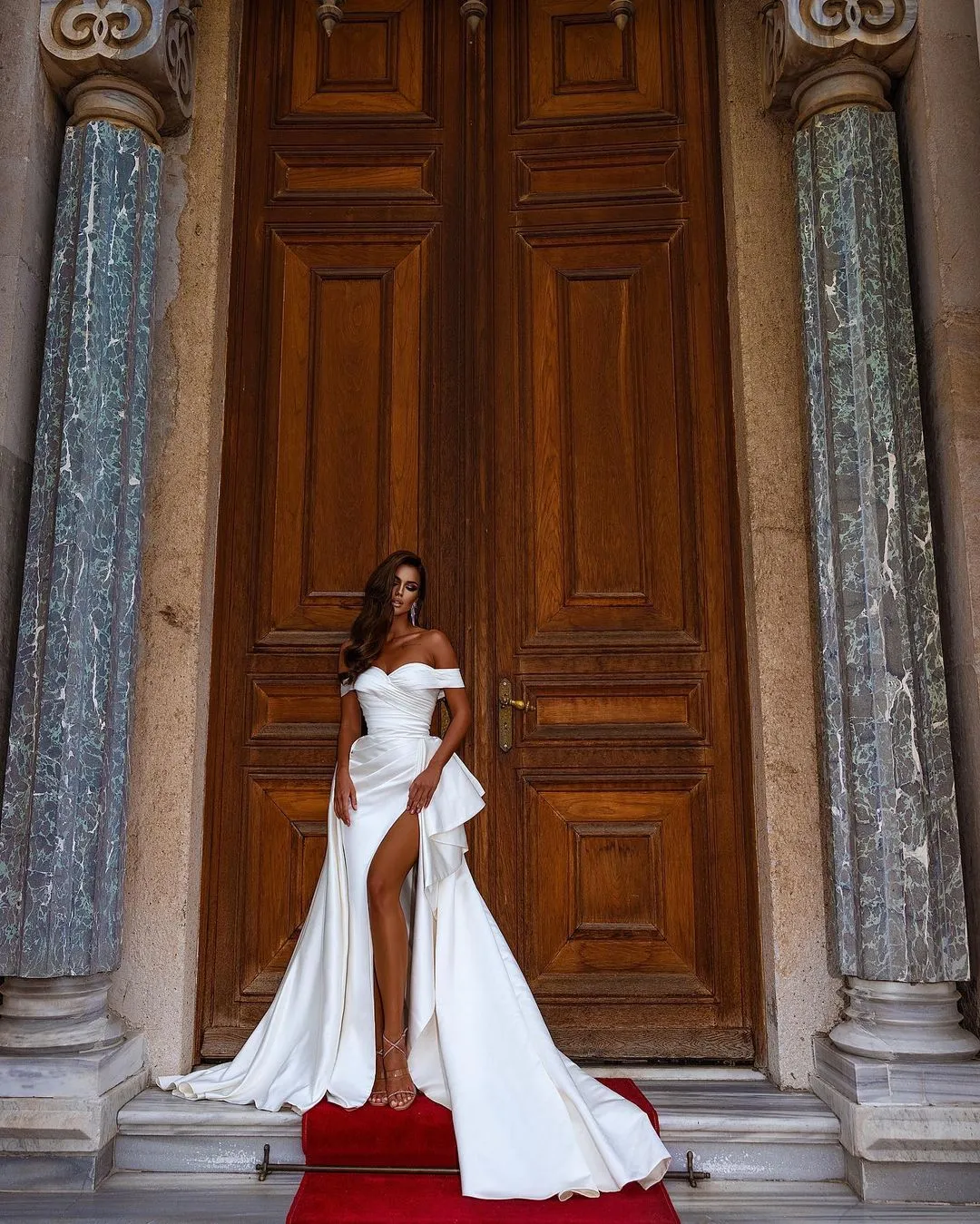 Mermaid Off-the-shoulder Sleeveless Chapel Train Satin Bridal Gown With Split Front 6